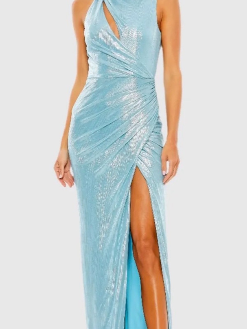 Mac Duggal Shimmery Powder Blue Ruched Gown with High Slit